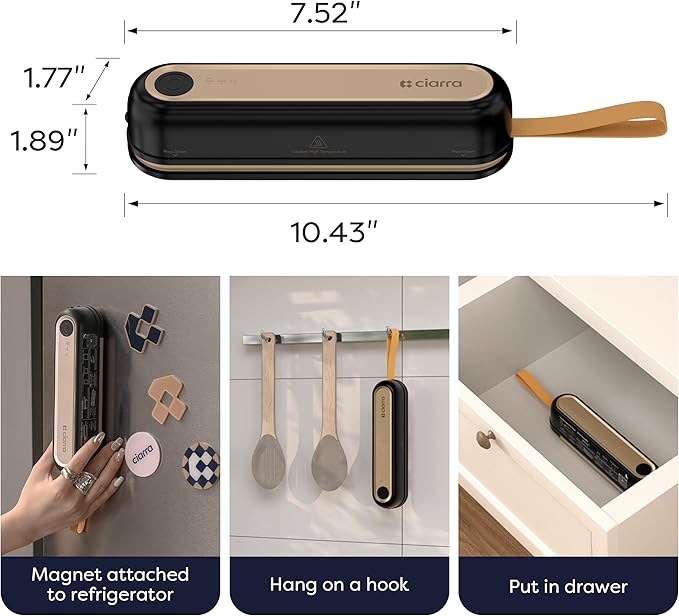 CIARRA Handheld Vacuum Sealer – Portable Food Preservation Machine with 3 Modes, Compact Automatic Sealing System for Dry & Wet Foods (Vacuum Sealer + 5 Pcs Vacuum Seal Bags)