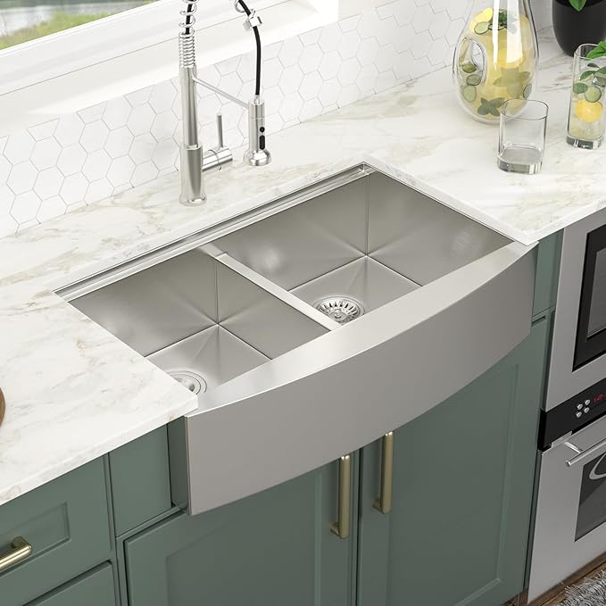 Logmey 33 Farmhouse Sink Double Bowl - 33x21 Inch Stainless Steel Apron Front Kitchen Sink Ledge Workstation Low Divide Double Bowl 50/50 16 Gauge Farm Kitchen Sinks