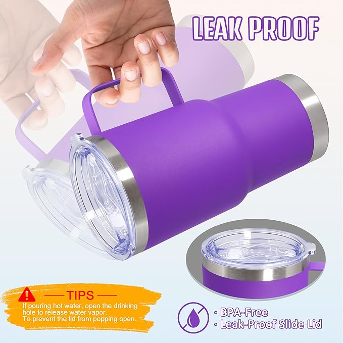20 oz Tumbler with Handle and Lid, Stainless Steel Tumbler Insulated Travel Coffee Mug, Spill Proof Double Wall Vacuum Tumbler Cup Keep Drink Hot & Cold, Purple, 6 Pack