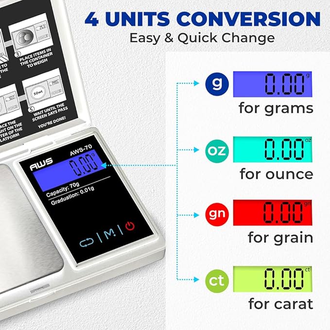 American Weigh Scales Digital Pocket Scale 70g x 0.01g with LCD Display Gram, Ounce, Carat, Grain, High Precision 0.01 g Accuracy Pocket Gram Scales for Coins, Jewellery, Gemstones, Food, Medicine