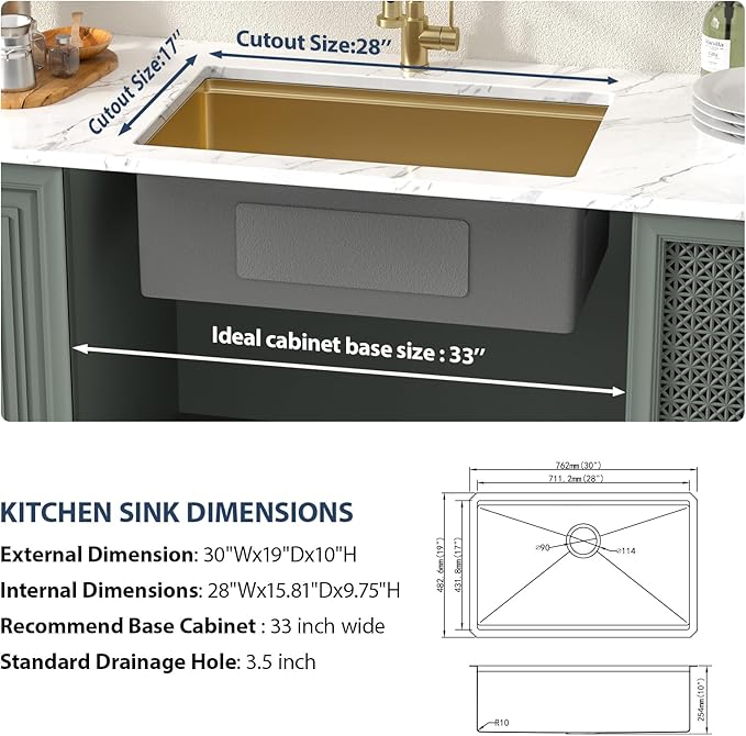 Lordear Gold Undermount Kitchen Sink Workstation 30 Inch Kitchen Sink 16 Gauge Stainless Steel Under Counter Sink Single Bowl Handmade Kitchen Sinks Basin 30x19x10 Inch