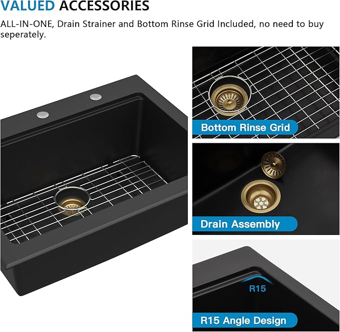 30"x22" Granite Composite Kitchen Sink – Matte Black Ledge Workstation Drop-In Topmount Granite Quartz Classic Single Bowl Sink Basin