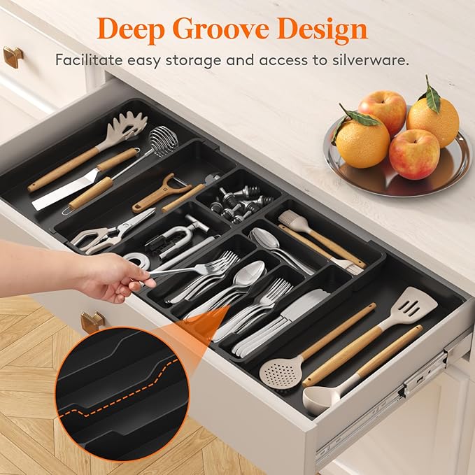 Lifewit Large Silverware Drawer Organizer, Plastic Cooking Utensil Tray for Kitchen, Expandable From 21 to 36 Inches, Adjustable Flatware Cutlery Spoon Fork Knife Spatula Gadgets Holder, Black