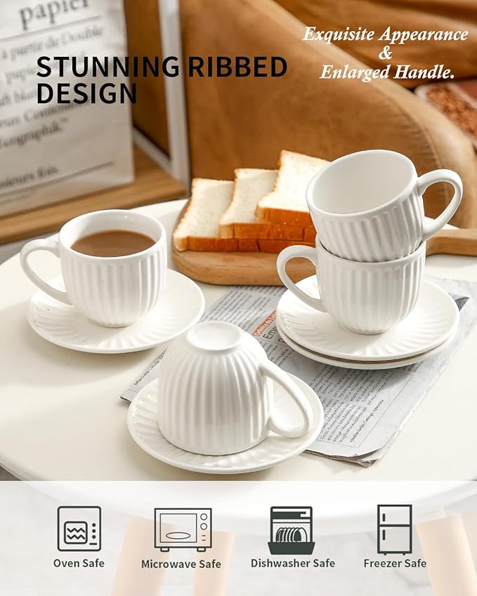 Hasense Ceramic Cappuccino Cups and Saucers - 8 Oz, Large Ribbed Latte Cups Set of 4 for Coffee,Tea,Latte and Macchiato, Demitasse Cups Set Aesthetic Gifty, White