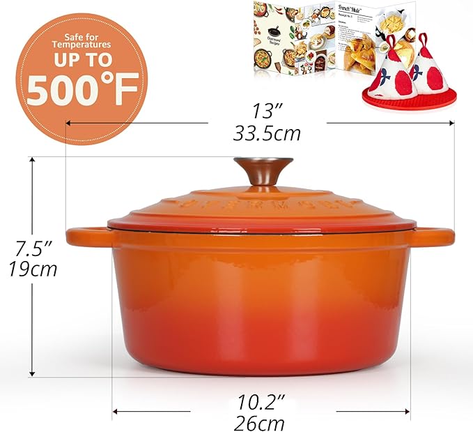 Overmont Enameled Cast Iron Dutch Oven - 5.5QT Pot with Lid Cookbook & Cotton Potholders - Heavy-Duty Cookware for Braising, Stews, Roasting, Bread Baking orange