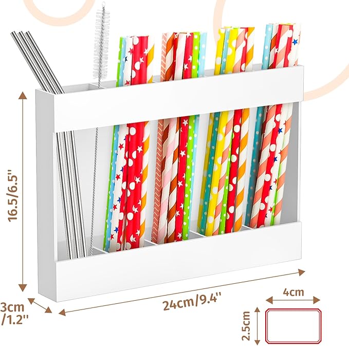 9.5" Acrylic Straw Holder with Double Sided Adhesive and Stickers,Reusable Straws Organizer Storage Dispenser for Counter Cabinet Cupboard Kitchen Door (White)