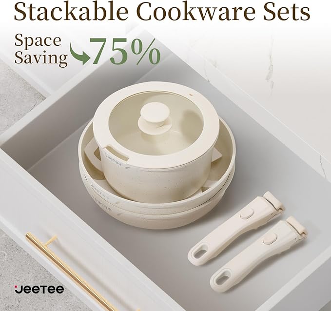 JEETEE Pots and Pans Set Non Stick 19pcs, Kitchen Cookware Sets with Detachable Handle, Induction Nonstick Cookware Set with Removable Handle, Stackable RV Cookware, Oven Safe, PFOA Free, Beige