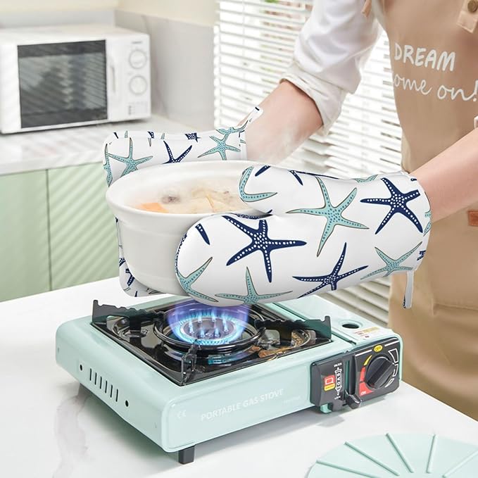 Sea Stars Oven Mitts and Pot Holders Set of 4 Silicone Navy Blue Turquoise Coastal Sea Stars Kitchen Mitten Gloves and Non-Slip Potholders Set Heat Resistant Oven Gloves Hot Holders for BBQ