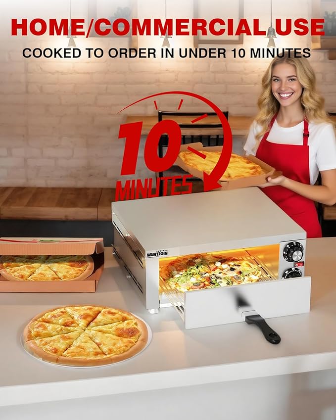 Wantjoin Pizza Oven Indoor - Electric Pizza Ovens Countertop Stainless Steel Commercial Pizza Maker Fits 12" Pizzas, With Timer Crumb Tray, 110W, For Home, Bars, Food Trucks