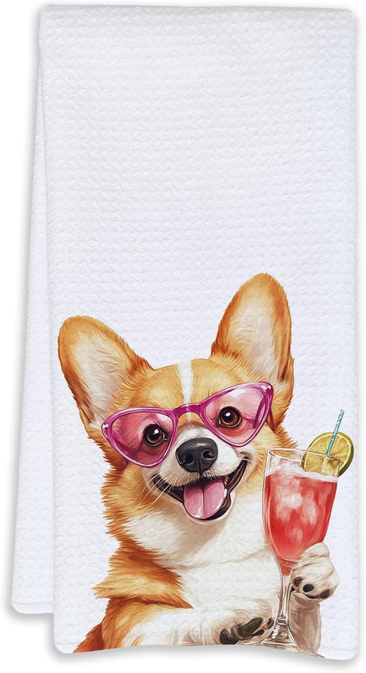 Cabana Bro Corgi Gifts Kitchen Towels, Corgi Gifts for Women Dog Lovers Decorative Hand Towels for Bathroom, Funny Dog Puppy Getting Drunk Cocktail Dish Tea Towels for Kitchen, 16x24 Inch