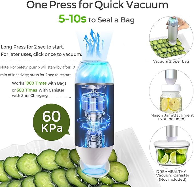 Auto Handheld Vacuum Sealer for Food with 10 Reusable Vacuum Seal Bags(4 Small, 4 Medium, 2 Extra-long), One-Touch Sealing, BPA-Free, Upgraded Sturdy Air Valve, Sous Vide Bag