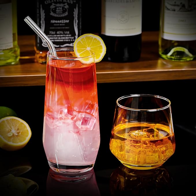 Drinking Glasses Set of 8,Clear 13 oz & 18oz Crystal Glass Cups,Drinkware Glassware,Highball Water Tumbler,Short Stemless Wine Glasses，for Beer,Cocktail,Whiskey,Juice and Various Mixed Drinks