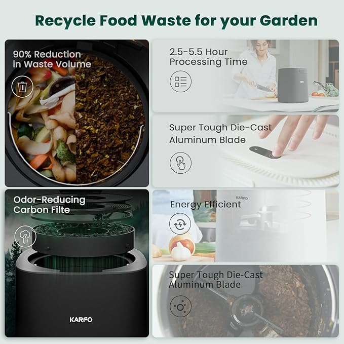 Karfo Electric Composter for Kitchen, Smart Compost Bin Outdoor/Indoor, Odorless Single-Button Auto Operation, Turn Food Waste to Fertilizer for Plants, Food Waste Compost Machine（White）