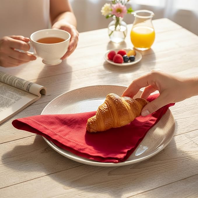 Hemstitched Linen Napkins – 20 Inch x 20 Inch – Stonewashed Pure Linen Cloth Dinner Napkins with Mitered Corners - 100% French Flax – Machine Washable - Set of 4 (Rich Red)