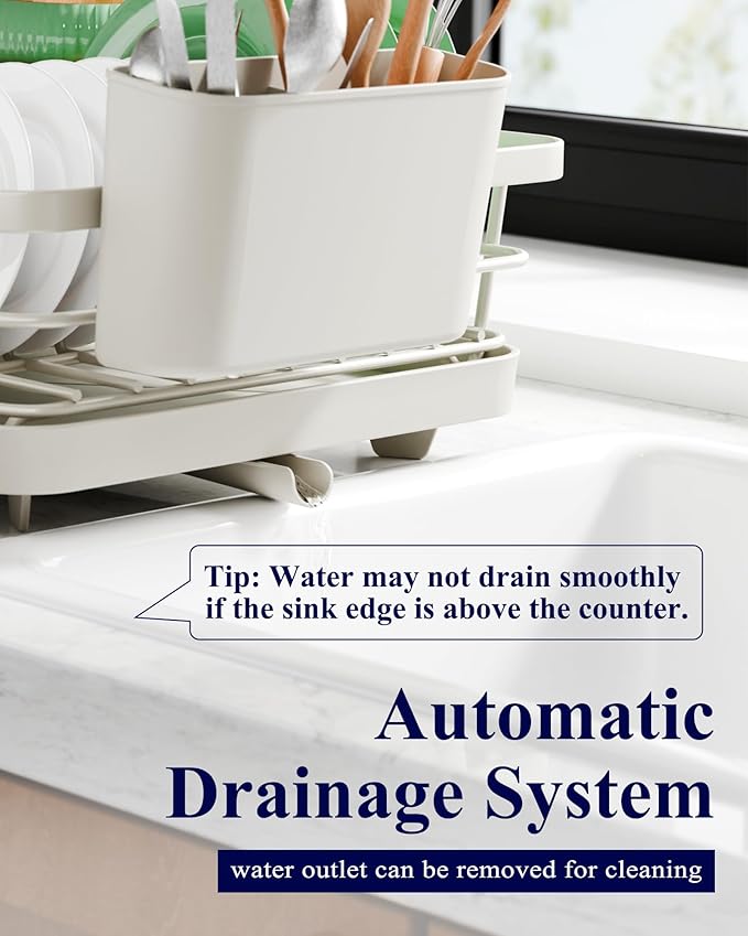 Kitsure Dish Drying Rack for Kitchen Counter, Stainless Steel Sink Organization and Storage Essentials with Cutlery Holder, Home and Appartment Decor, 12''W x 15.5''L, Light Grey