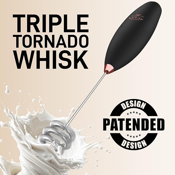 Zulay Kitchen Patented Tornado Triple Whisk Milk Frother with 4 Duracell Batteries – Handheld Foam Maker for Coffee, Lattes, Matcha & Hot Chocolate – Rich, Creamy Froth in Seconds