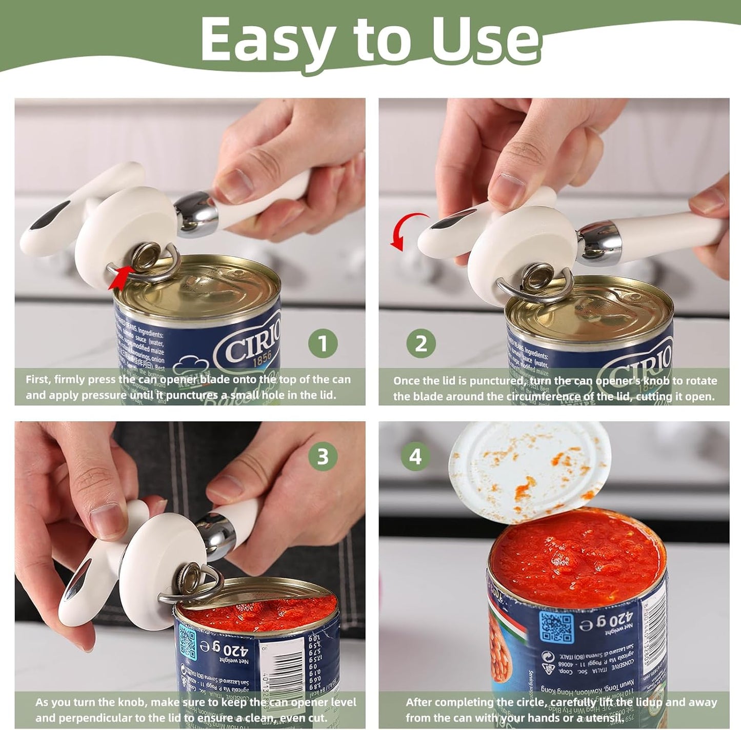 Can Opener Manual Tin Opener Stainless Steel Heavy Duty, Oversized Hand-held Easy Rotary Knob, Safe Cut Manual Can Opener with Non-Slip Handle, Smoother Cut Sharp Blade for Seniors Kitchen Tool, White