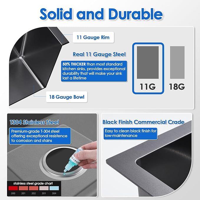 ROVOGO 24x18x9 in. Drop-in Kitchen Sink Black, 304 Stainless Steel Top Mount Handmade Sink Single Bowl with 2 Holes