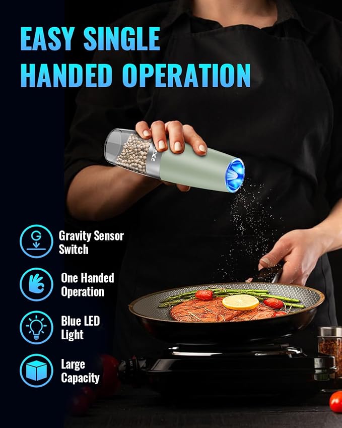 Gravity Electric Pepper and Salt Grinder Set, Adjustable Coarseness,with LED Light, One Hand Automatic Operation (Set/Light Green)