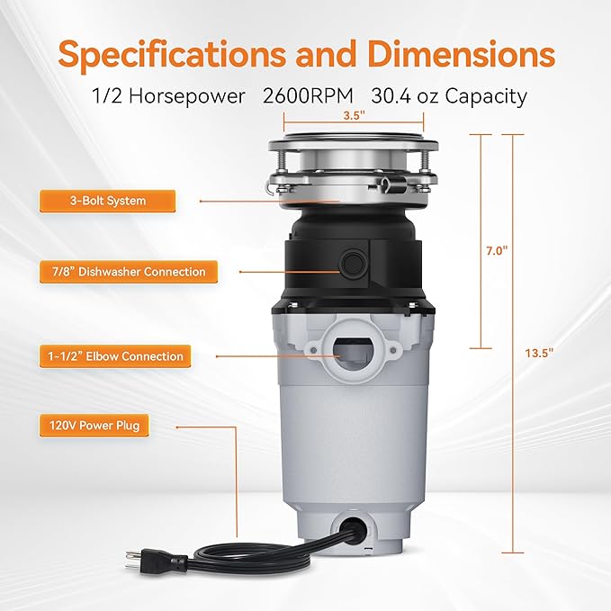 1/2 HP Garbage Disposal, Stainless Steel Food Waste Grinding System and 3-Bolt Mounting, Continuous Feed Compact Garbage Disposals, Power Cord Included, Taskmaid Series 50