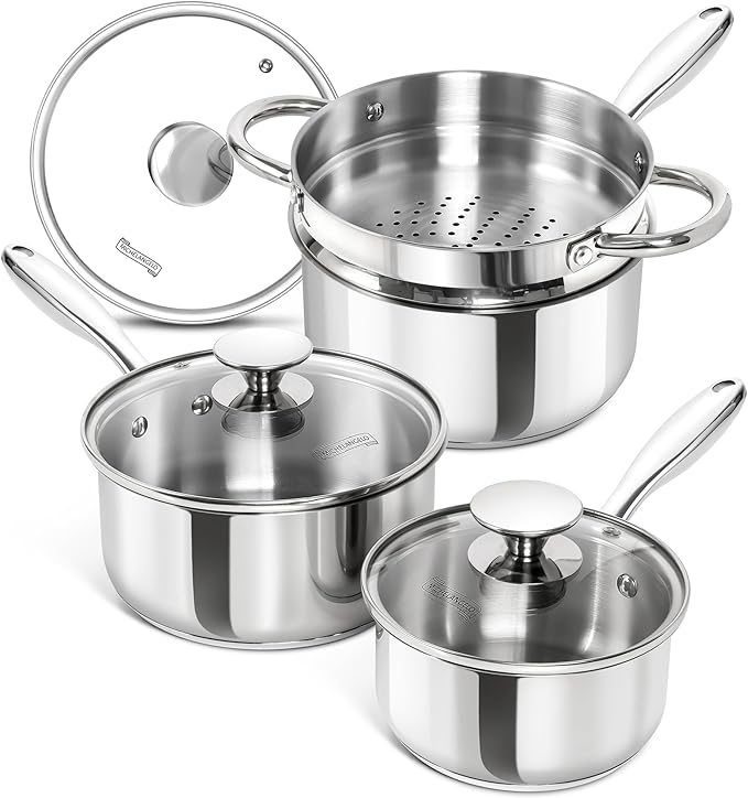 MICHELANGELO Saucepans with Lids & Steamer 7Pcs, Stainless Steel Pot Set with Triply Bottom, 3 Quart Saucepan with Steamer, 18/10 Saucepan Set Induction Compatible - 1QT & 2QT & 3QT