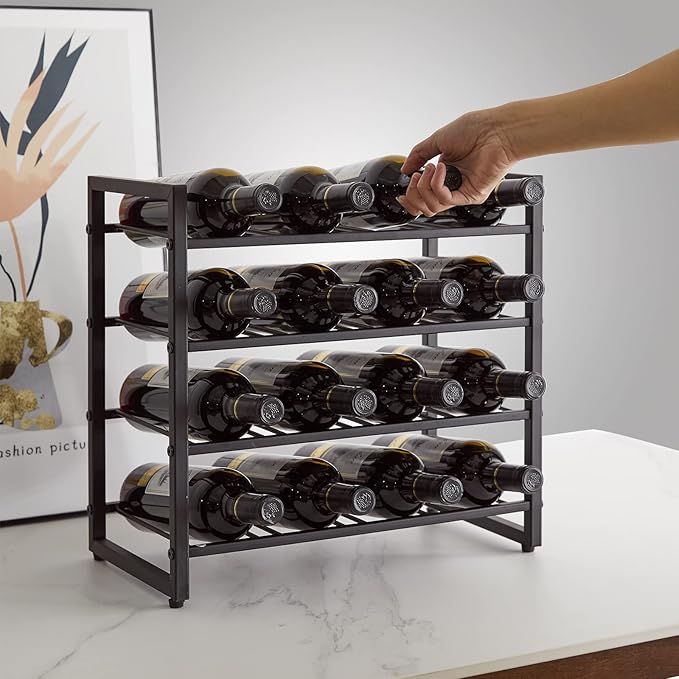 IBUYKE Wine Racks Countertop, 4 Tiers Metal Wine Rack,Wine Rack Freestanding Storage 16 Bottle Capacity, for Home Kitchen, Pantry, Wine Cellar, Bar, Black UTMJ903H