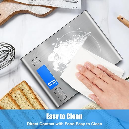 33lb Rechargeable Food Scale, Diyife 304 Stainless Steel Digital Kitchen Scale with 3 Buttons, Weight Grams and Ounces for Baking, Cooking, 5 Units with Tare Function, LCD Display, 2 AAA Batteries