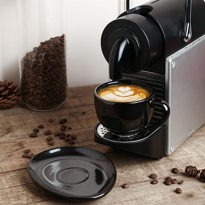 vicrays 6.5 oz Cappuccino Cups with Saucers, Set of 4, Ceramic Coffee Cup for Au Lait, Double shot, Latte, Cafe Mocha, Tea (Black)