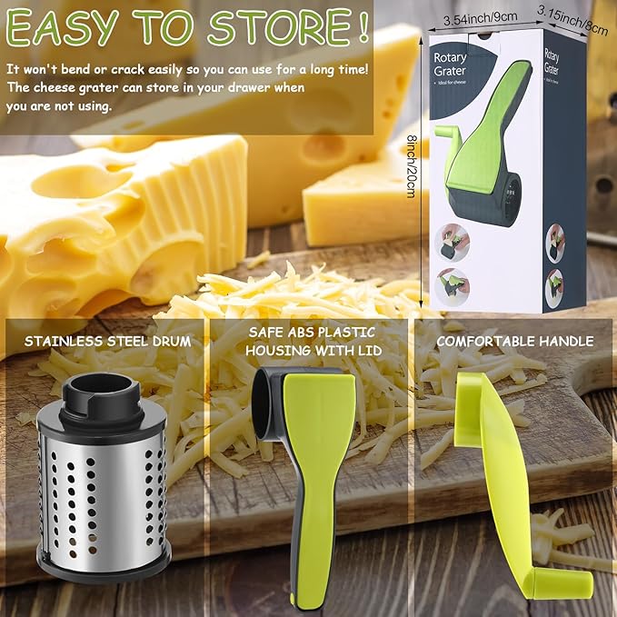 Boao Rotary Cheese Grater Manual Handheld Cheese Grater with Stainless Steel Drum for Grating Hard Chocolate Nuts Kitchen Tool Christmas favors(Gray Green)