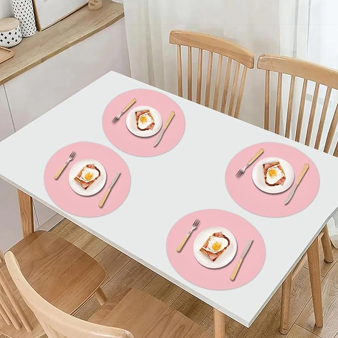 Round Faux Leather Placemats Set of 6,Reversible PU Placemat for Dining Table,Waterproof Table Mats Heat Resistant Wipeable Anti Slip Washable,Modern Table Protectors(Pink and Blue)