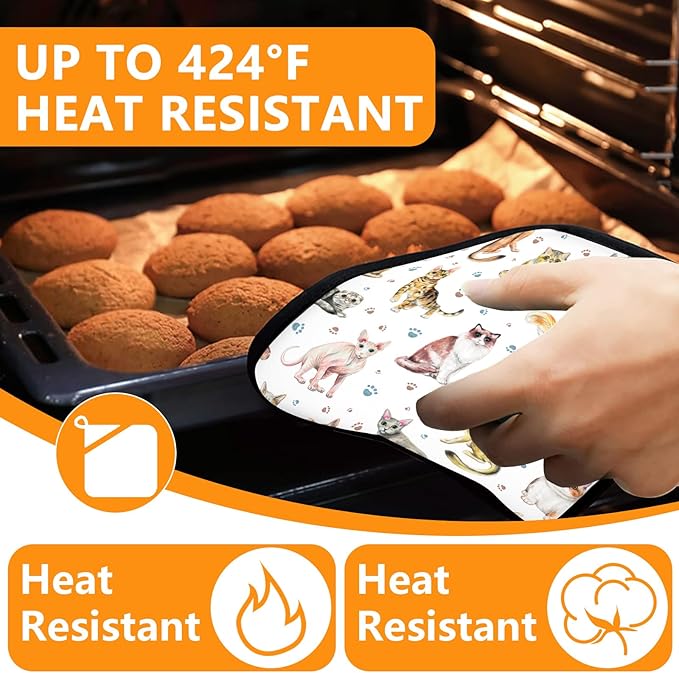 Cute Cats Oven Mitts and Pot Holders Sets 4Pcs,Extra Long Oven Gloves Potholder for Kitchen Cooking Baking BBQ 100% Cotton Heat Resistant