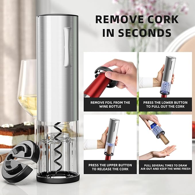 Rechargeable Electric Wine Opener Set, 4-in-1 Gift for Wine Lovers with Automatic Corkscrew, Aerator Pourer, Vacuum Stoppers & Foil Cutter, Ideal for Home Bar, Gifts for Women/Men