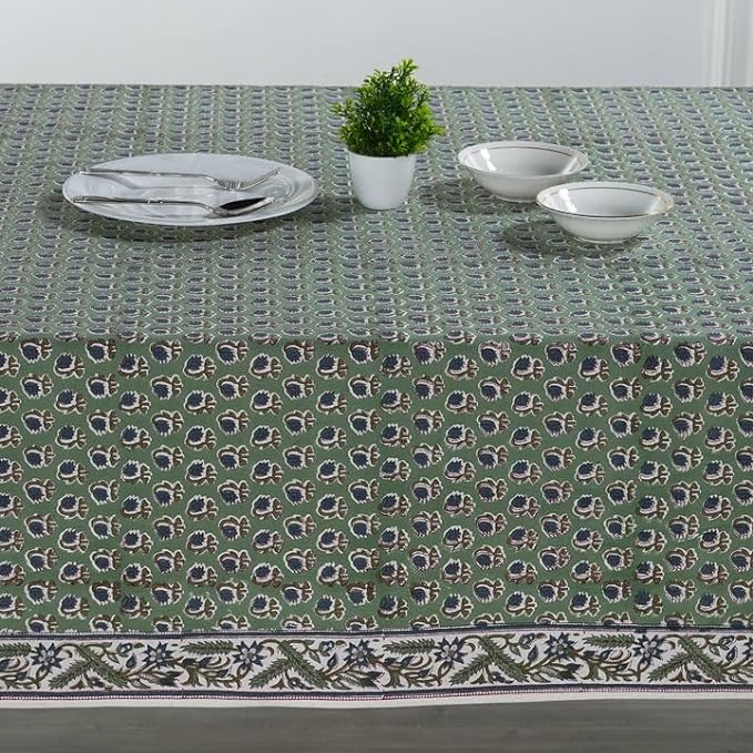 Ridhi - Basil Green, Peacock Blue Hand Block Print Cotton Cloth Dinning Table Cover Wedding Farmhouse Thanks Giving Christmas Spring Tablecloth (14 Seater 72X160 Inch Rectangle)