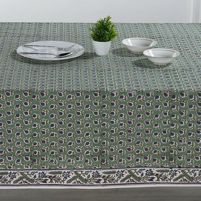 Ridhi Basil Green Hand Block Print Cotton Rectangle Tablecloth 118 x 70 inches Reusable Table Cover Decorative Everyday Use for Dining Room, Farmhouse, Home, Party, Festive & Wedding, Fall