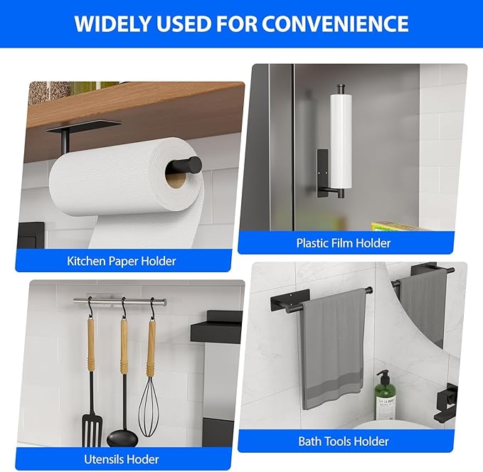 Paper Towel Holder Under Cabinet, Self-Adhesive,No Drilling, Stainless Steel, Wall-Mounted for Kitchen and Bathroom, Easy Install, Durable, Space-Saving, Ideal for Home, RV (Black, 1 Pack)