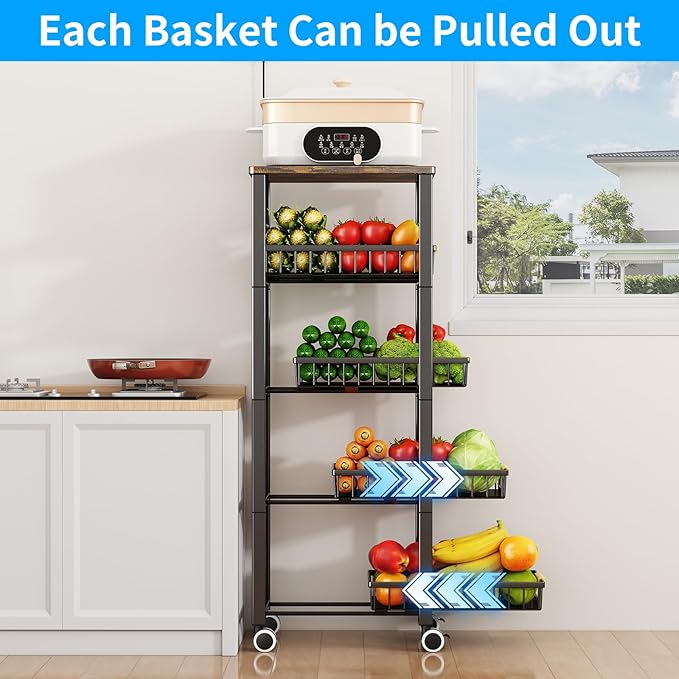 Fruit Vegetable Storage Basket for Kitchen, 5 Tier Large Pull-Out Metal Wire Baskets with 4 Pack Mats Bottom, Wood Top and Wheels, Vegetable Produce Bins Stand Cart Rack for Onions and Potatoes