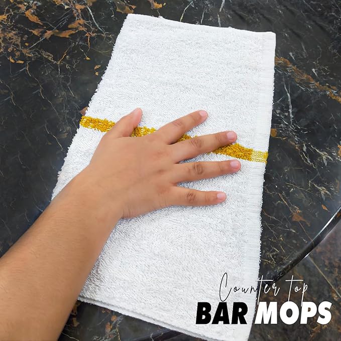 Bar Mops Gold Stripe Pack of 60 Kitchen Towels 16x19 Multi-Purpose for Home, Restaurant and Cleaning White Absorbent Washcloth Dishcloths Sets, Reusable Dish, Cloths Rags