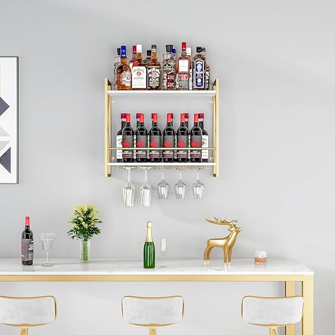 Dokser Wine Rack Wall Mounted 2 Tier Shelf, Wall Wine Rack with Industrial Iron & Rustic Wood Frame Wine Bottle Holder for Kitchen, Dining Room, Home Bar Decor (Gold)