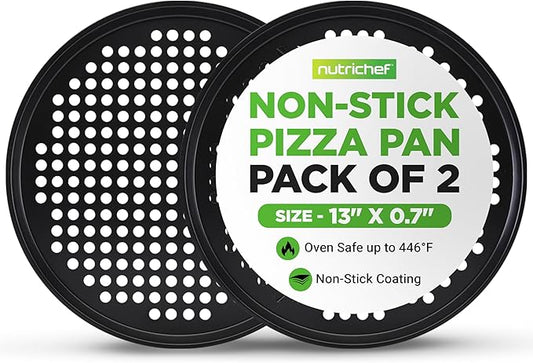 NutriChef 2-Pack 13’’ Non-Stick Pizza Pans, Round Pizza Pans for Oven, Commercial-Grade Carbon Steel, Non-Stick Gray Coating, Ideal for Baking Pizza, Cookies and More, Dishwasher Safe