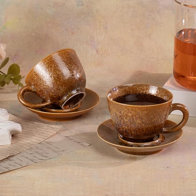 KAMMAK Tea Cups and Saucers Set of 2, Porcelain Coffee Cups, 4.3oz Crystalline Glaze Espresso Mugs, Ceramic Demitasse for Coffee, Cappuccino, Latte, Americano, Tea (Golden Crystal)