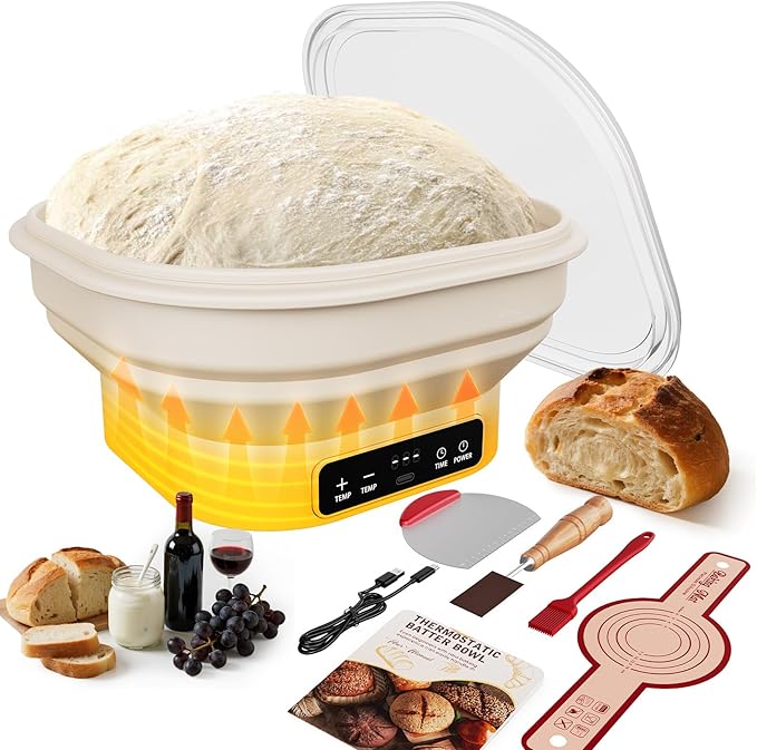 Heating Banneton Bread Proofing Basket Kit, Sourdough Starter Kit, 6 Adjustable Temp (77℉-122℉) Banneton Baking Supplies with Recipe, Smart Thermostatic Silicone Batter Bowl with Timer and LED Display