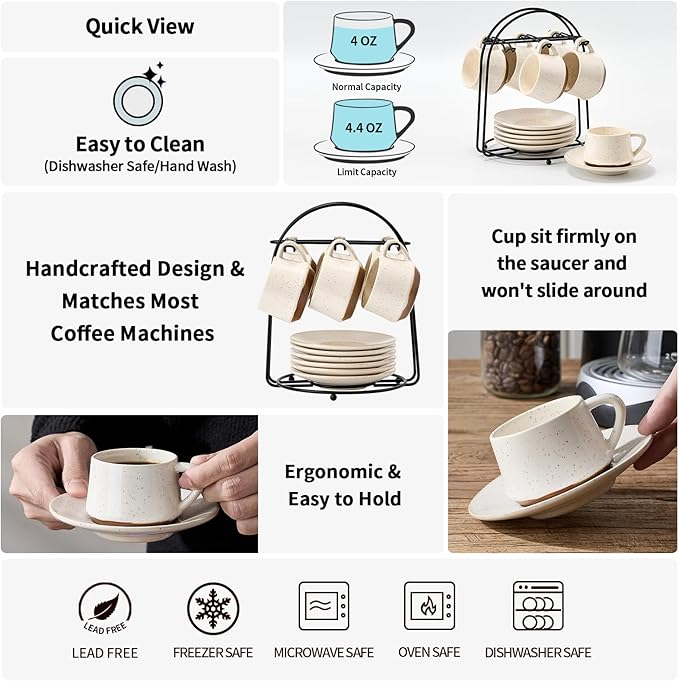 SIDUCAL Stackable Cappuccino Cup Set of 6 [4 oz] Ceramic Coffee Cups with Saucers and Cup Holder,Microwave/Dishwasher Safe,Espresso Demitasse Cups(White)