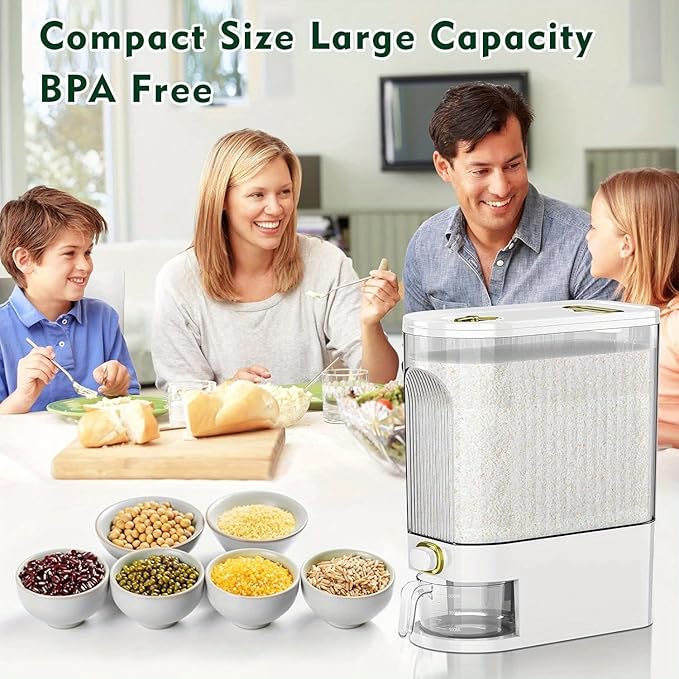 5kg/10kg Rice Dispenser - Large Pantry Storage Container with Measuring Cup & Time Markings | Kitchen Grain Dispenser for Cereal, Pasta, Dry Food | 11.02LB/22.05LB Capacity (22 lbs)