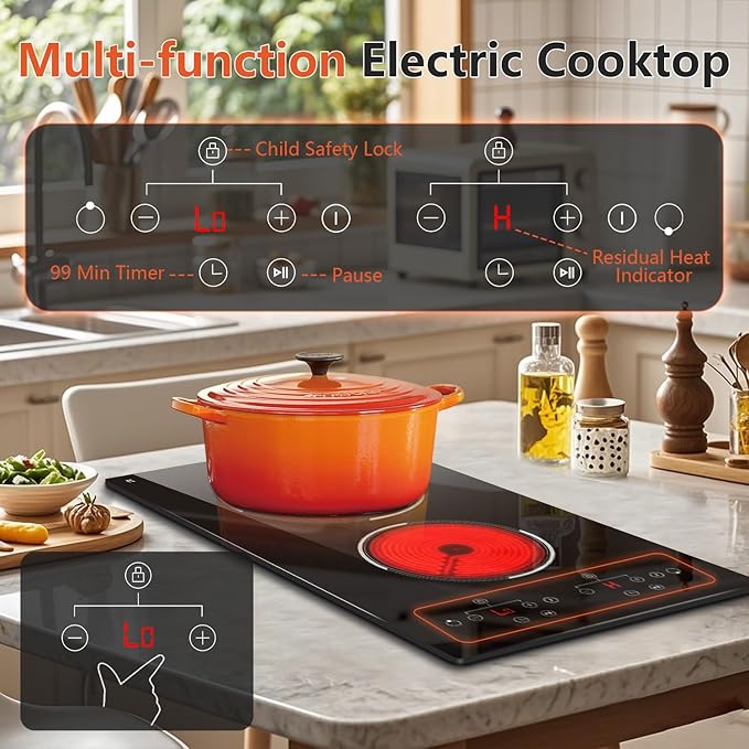 2 Burner Electric Cooktop, 12 Inch Built-in & Countertop Electric Stovetop, Ceramic Cooktop with Touch Control, Child Safety Lock, Timer, Pause Function, 9 Power Levels, 110V - 120V Plug in