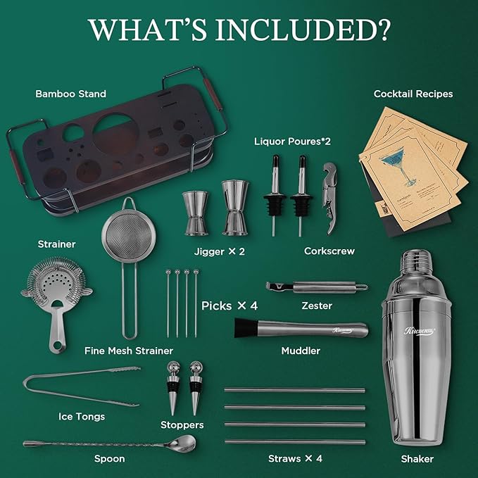 KITESSENSU Cocktail Shaker Set Bartender Kit with Stand | Complete 24-Piece Bar Set Cocktail Kit with All Bar Accessories, Black
