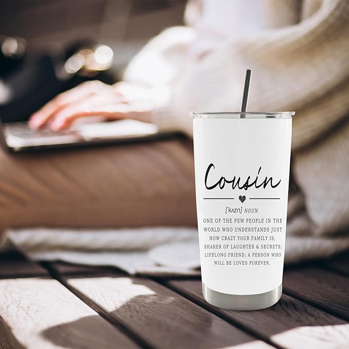 QASHWEY Cousin Gifts Coffee Tumbler - Gifts for Cousins Women Men Travel Tumbler Coffee Mug, Cousin Gift for Women Men, CousinDefinition Steel Tumblers with Straw and Lid 20 oz