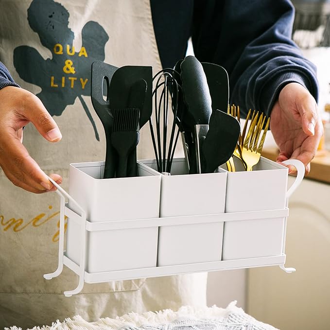 White Metal Utensil Caddy, 3 Compartments, Portable Design, Perfect for Countertop, Outdoor, and Camping