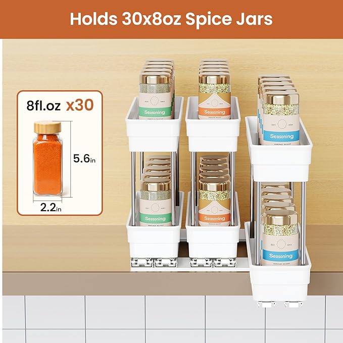 Pull Out Spice Rack Organizer for Cabinet, Slide Out Spice Racks Organizer, Easy to Install Spice Cabinet Organizers, 2.3''Wx10.35''Dx8.26''H, 3 Pack-2 Tier(White)