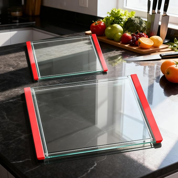 Tempered Glass Cutting Board Set for Kitchen Counter - Dishwasher Safe with Juice Grooves, Non-Slip Silicone Edges & Beveled Grip - 16"x12" & 12"x8" Serving Tray (Red-2PCS)