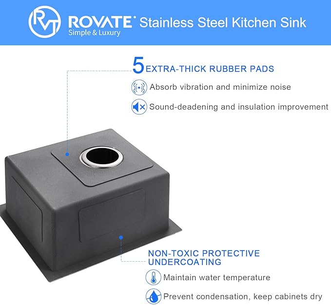 Bar Sink, ROVATE 13 x 15 inch Undermount Bar or Kitchen Sink, Handmade Single Bowl T-304 Stainless Steel Small Wet Bar Sinks